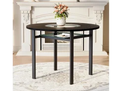 Mesa de comedor redonda para 2-4 personas - Tablero imitación madera negra - Cristal + metal + madera MDF