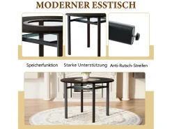 Mesa de comedor redonda para 2-4 personas - Tablero imitación madera negra - Cristal + metal + madera MDF