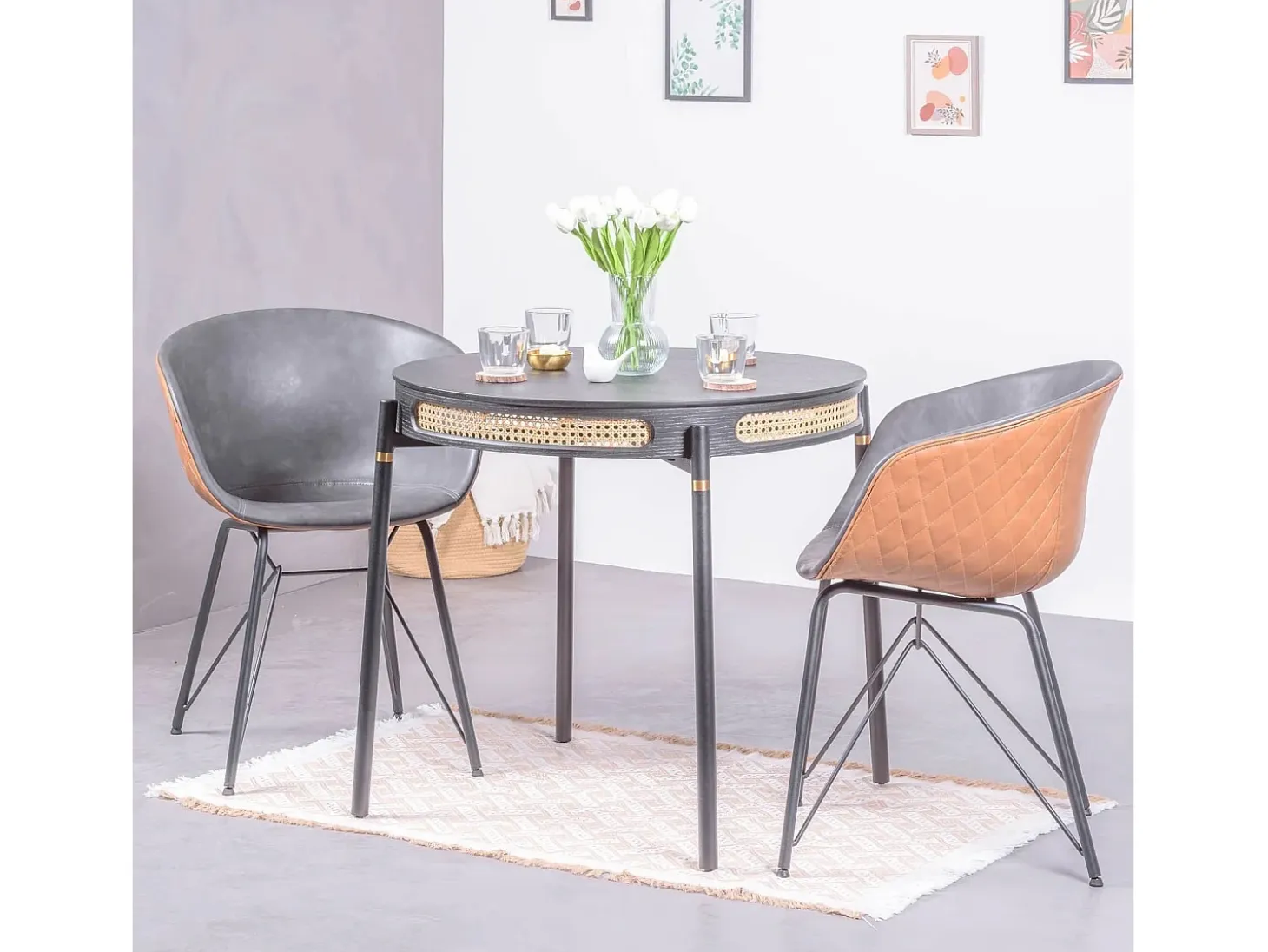 Mesa de comedor redonda retro con detalles en ratán natural (80cm) - North - Negro