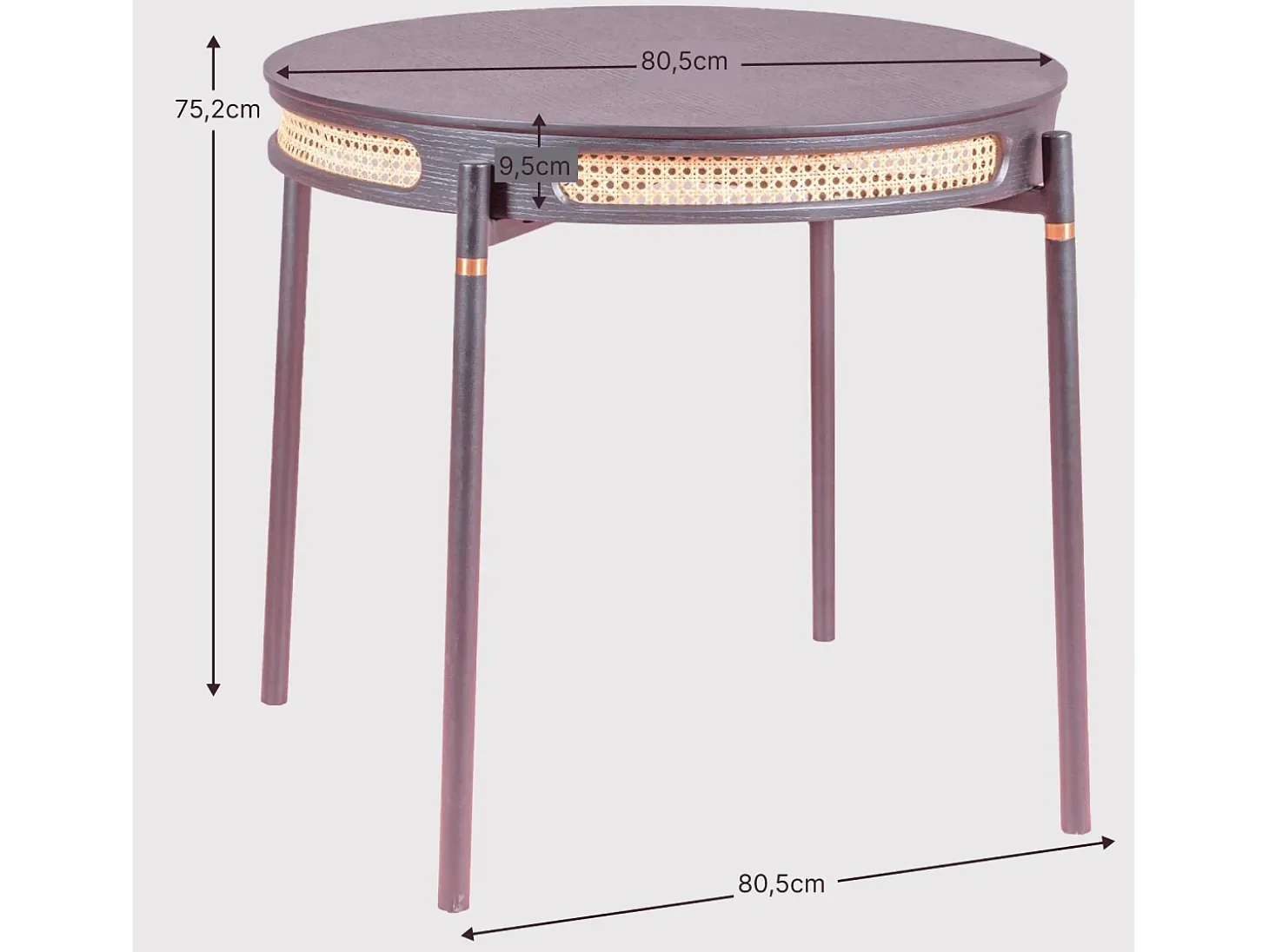Mesa de comedor redonda retro con detalles en ratán natural (80cm) - North - Negro