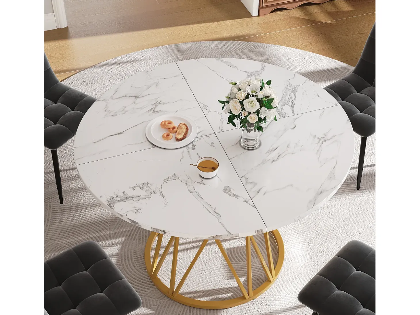 Mesa de comedor redonda 100x100x76cm para 4 personas con tapa chapada en mármol blanco, estructura de metal dorado