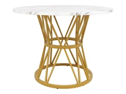 Mesa de comedor redonda 100x100x76cm para 4 personas con tapa chapada en mármol blanco, estructura de metal dorado