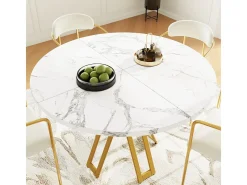 Mesa de comedor redonda (100x100x76cm), lujosa, para 4-6 personas, patas doradas, aspecto mármol
