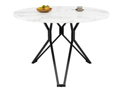 Mesa de comedor redonda 100x100x76cm con tablero chapado en mármol blanco, estructura regulable de metal negro.