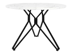 Mesa de comedor redonda 100x100x76cm con tablero chapado en mármol blanco, estructura regulable de metal negro.