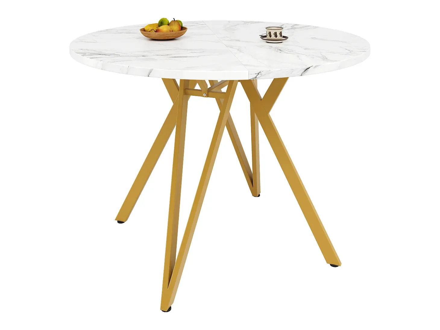Mesa de comedor redonda 100x100x76cm con tapa chapada en mármol blanco, patas regulables de metal dorado