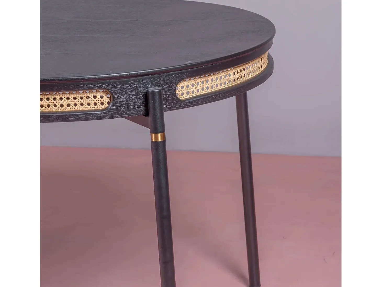 Mesa de comedor retro con detalles en ratán natural (180x90) - North - Negro
