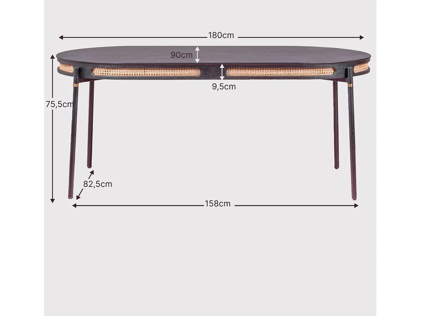 Mesa de comedor retro con detalles en ratán natural (180x90) - North - Negro