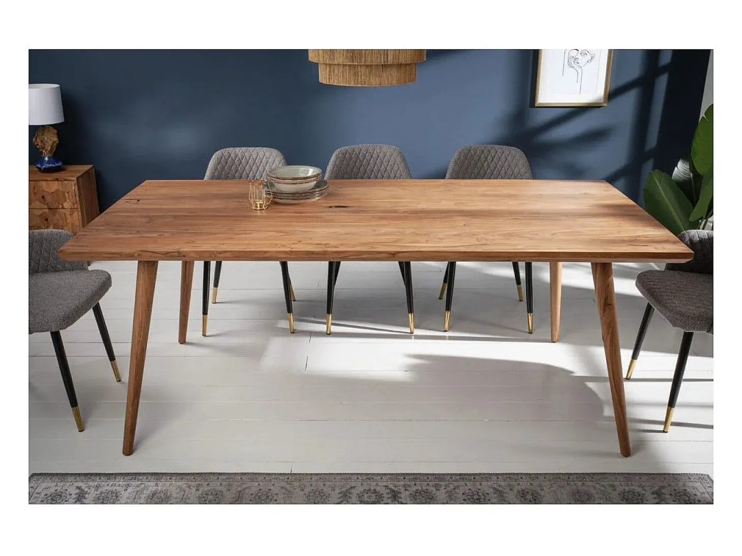 Mesa de comedor SCANI 160 cm – Tablero de madera maciza de acacia barnizada y estructura a juego