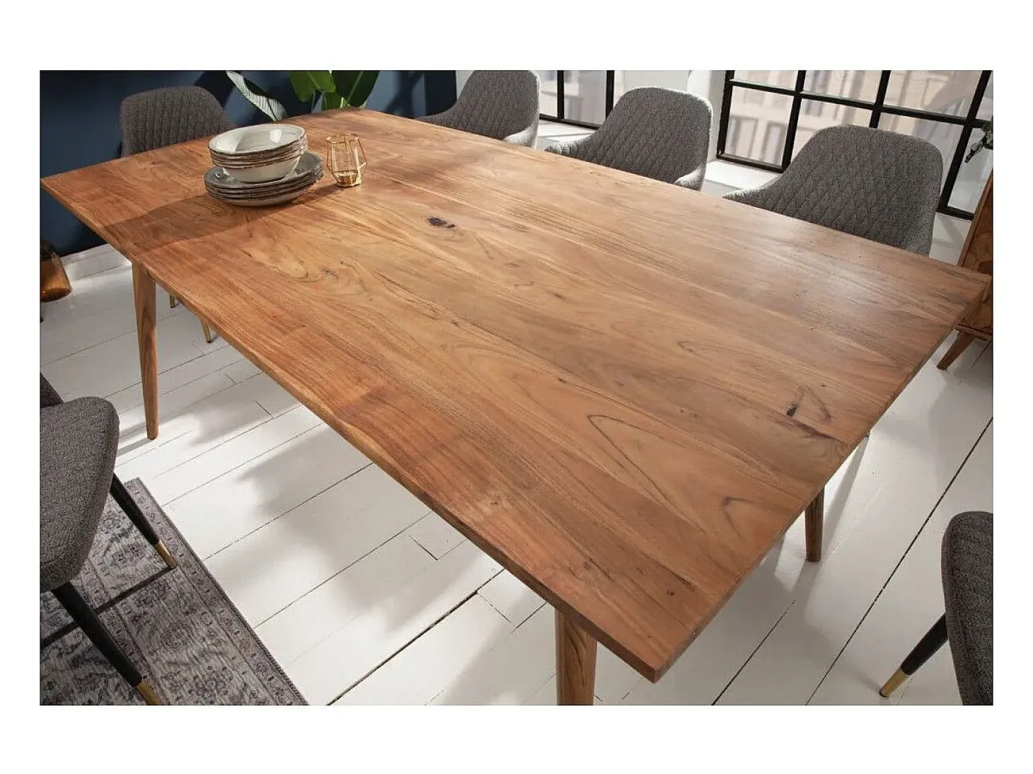 Mesa de comedor SCANI 160 cm – Tablero de madera maciza de acacia barnizada y estructura a juego