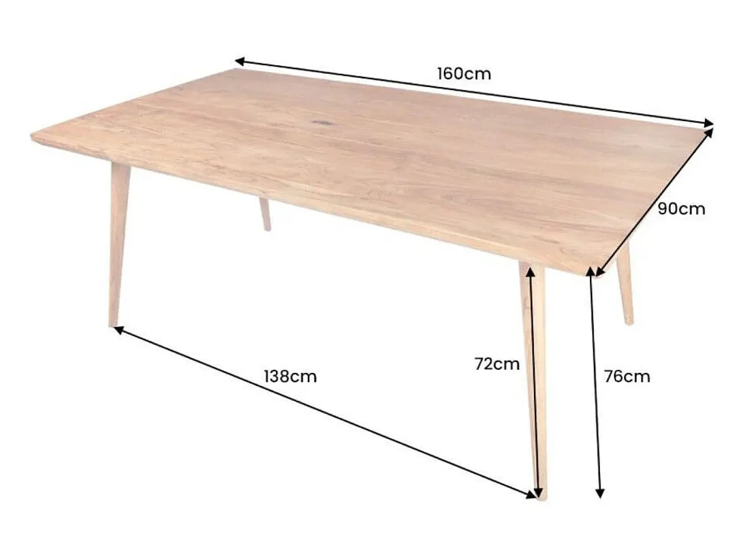 Mesa de comedor SCANI 160 cm – Tablero de madera maciza de acacia barnizada y estructura a juego