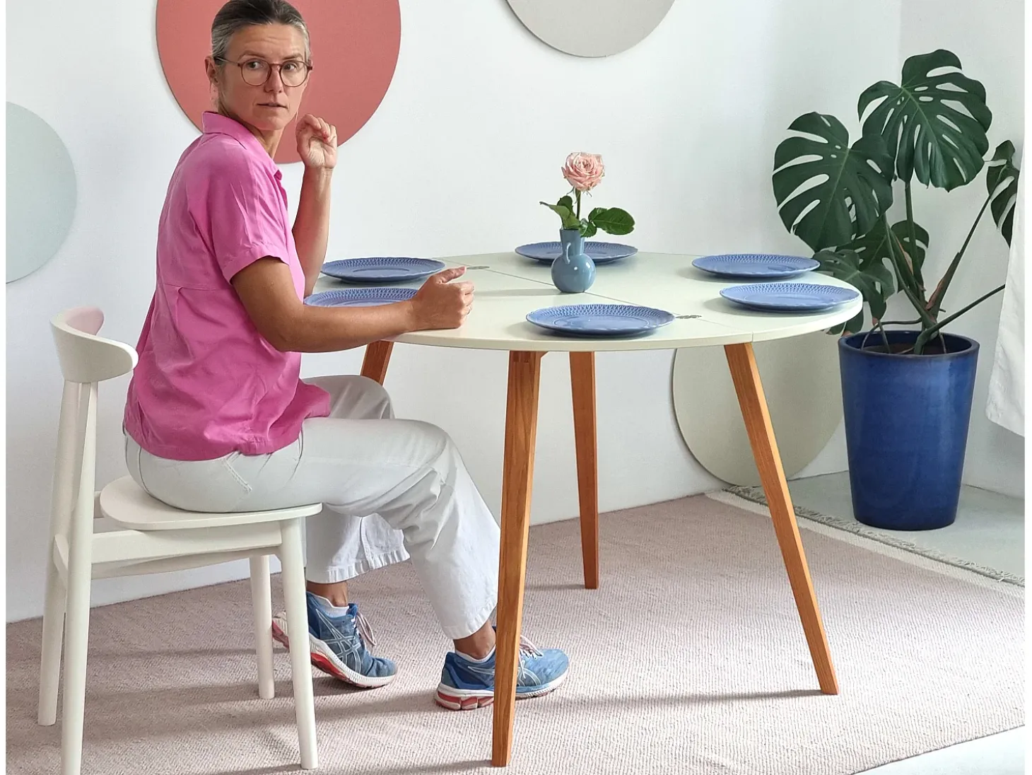 Mesa de comedor semicircular extensible 120 cm Mawi Blanca