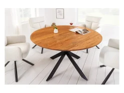 Mesa de comedor SOLARA 130 cm – Tablero redondo de acacia maciza y patas de metal negro – Estilo industrial chic