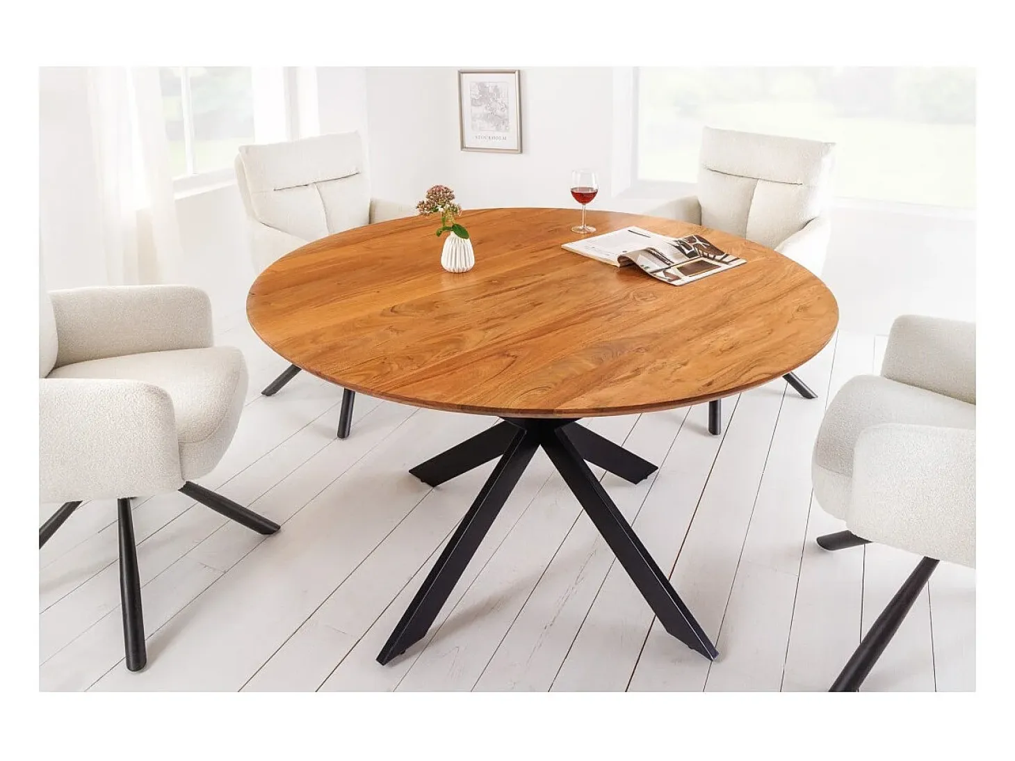 Mesa de comedor SOLARA 130 cm – Tablero redondo de acacia maciza y patas de metal negro – Estilo industrial chic