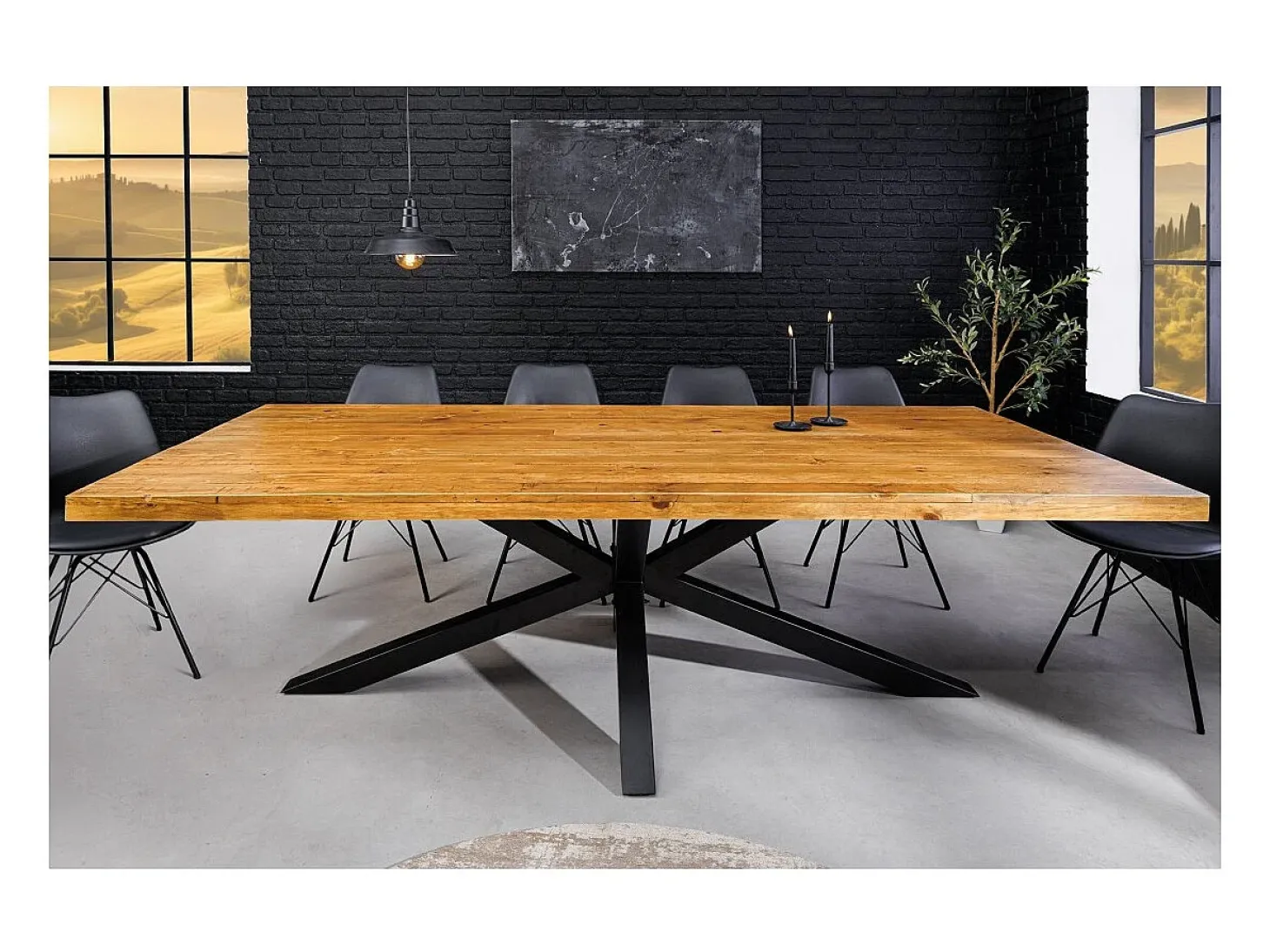 Mesa de comedor SOLARA – Madera de pino reciclado barnizado y metal negro – 240 cm – Estilo industrial