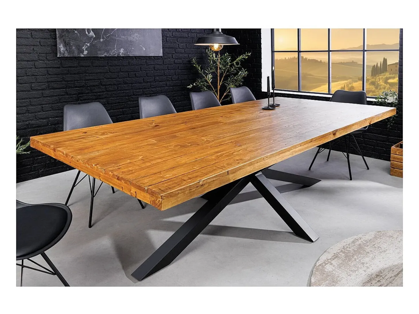 Mesa de comedor SOLARA – Madera de pino reciclado barnizado y metal negro – 240 cm – Estilo industrial