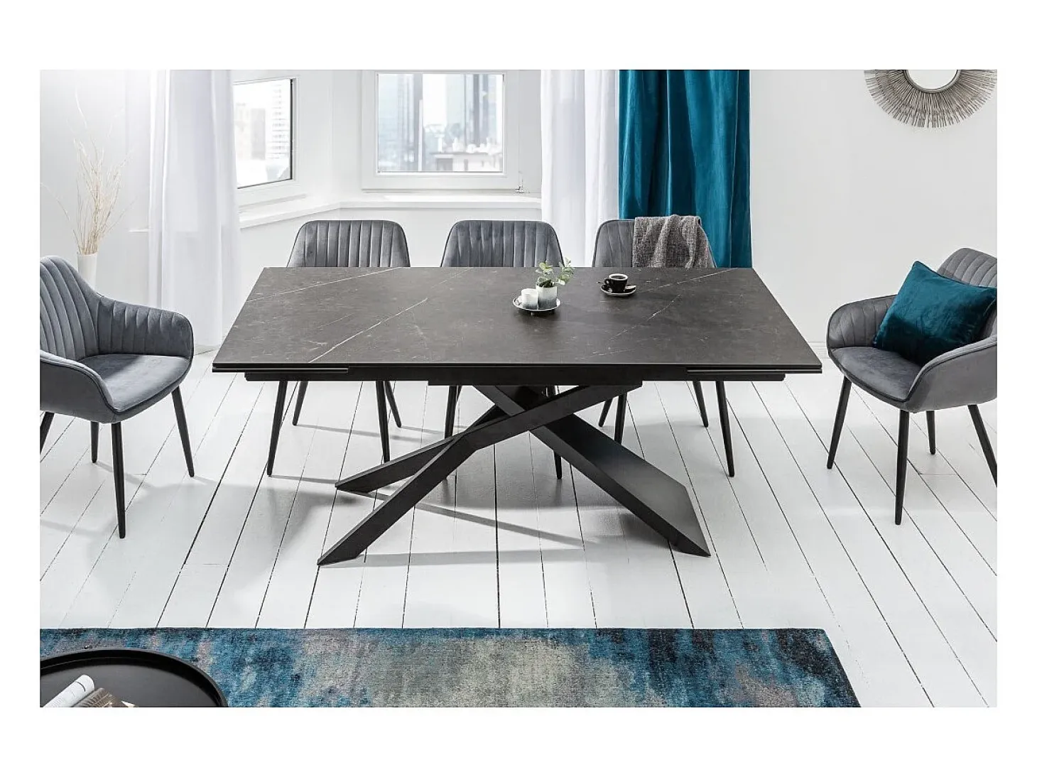 Mesa de comedor STELIX 180–220–260 cm – Tapa de cerámica antracita y vidrio templado – Extensible
