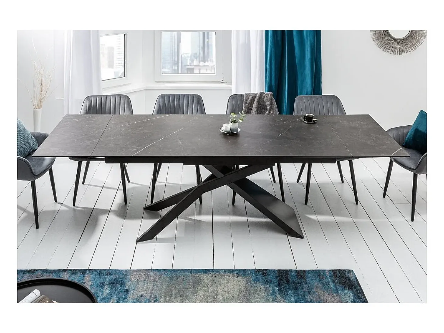 Mesa de comedor STELIX 180–220–260 cm – Tapa de cerámica antracita y vidrio templado – Extensible