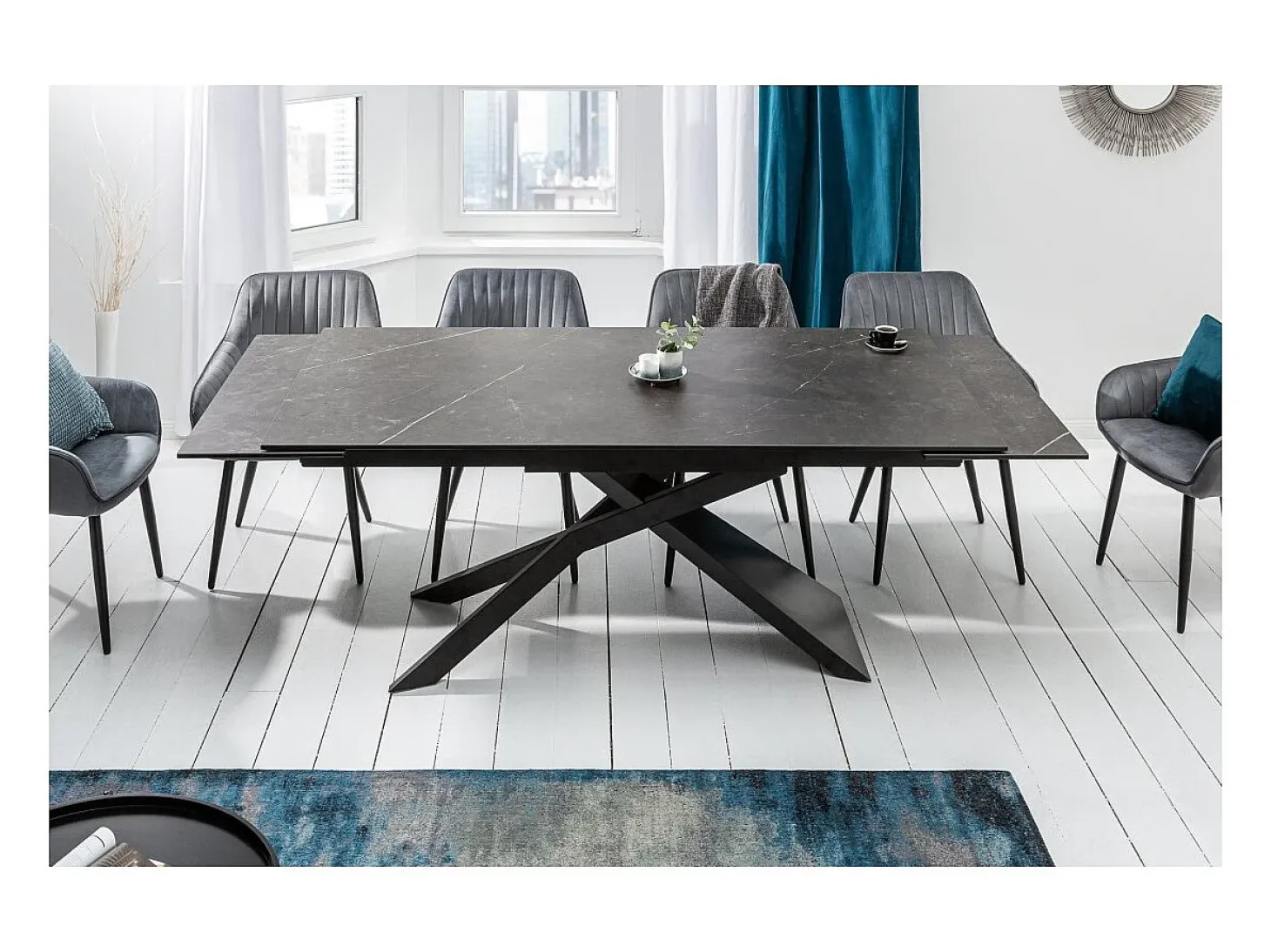 Mesa de comedor STELIX 180–220–260 cm – Tapa de cerámica antracita y vidrio templado – Extensible
