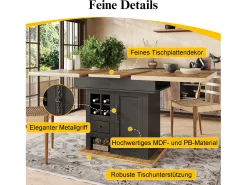 Mesa de comedor telescópica (110-140x80 cm), mesa plegable para 4-6 personas, extensible, con botellero y cajones, en color negro (110-140x80x75 cm)