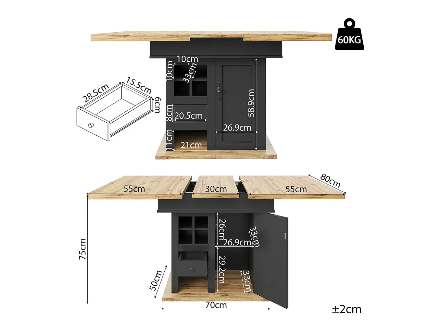 Mesa de comedor telescópica (110-140x80 cm), mesa plegable para 4-6 personas, extensible, con botellero y cajones, en color negro (110-140x80x75 cm)