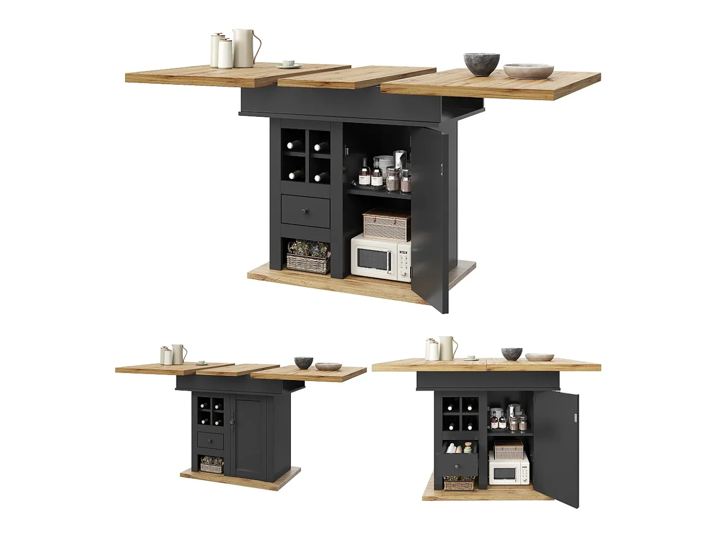 Mesa de comedor telescópica (110-140x80 cm), mesa plegable para 4-6 personas, extensible, con botellero y cajones, en color negro (110-140x80x75 cm)