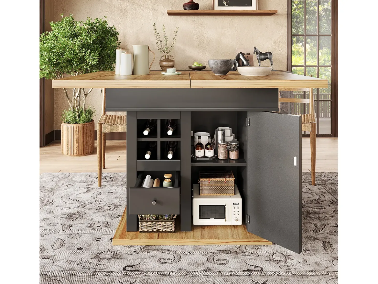 Mesa de comedor telescópica (110-140x80 cm), mesa plegable para 4-6 personas, extensible, con botellero y cajones, en color negro (110-140x80x75 cm)