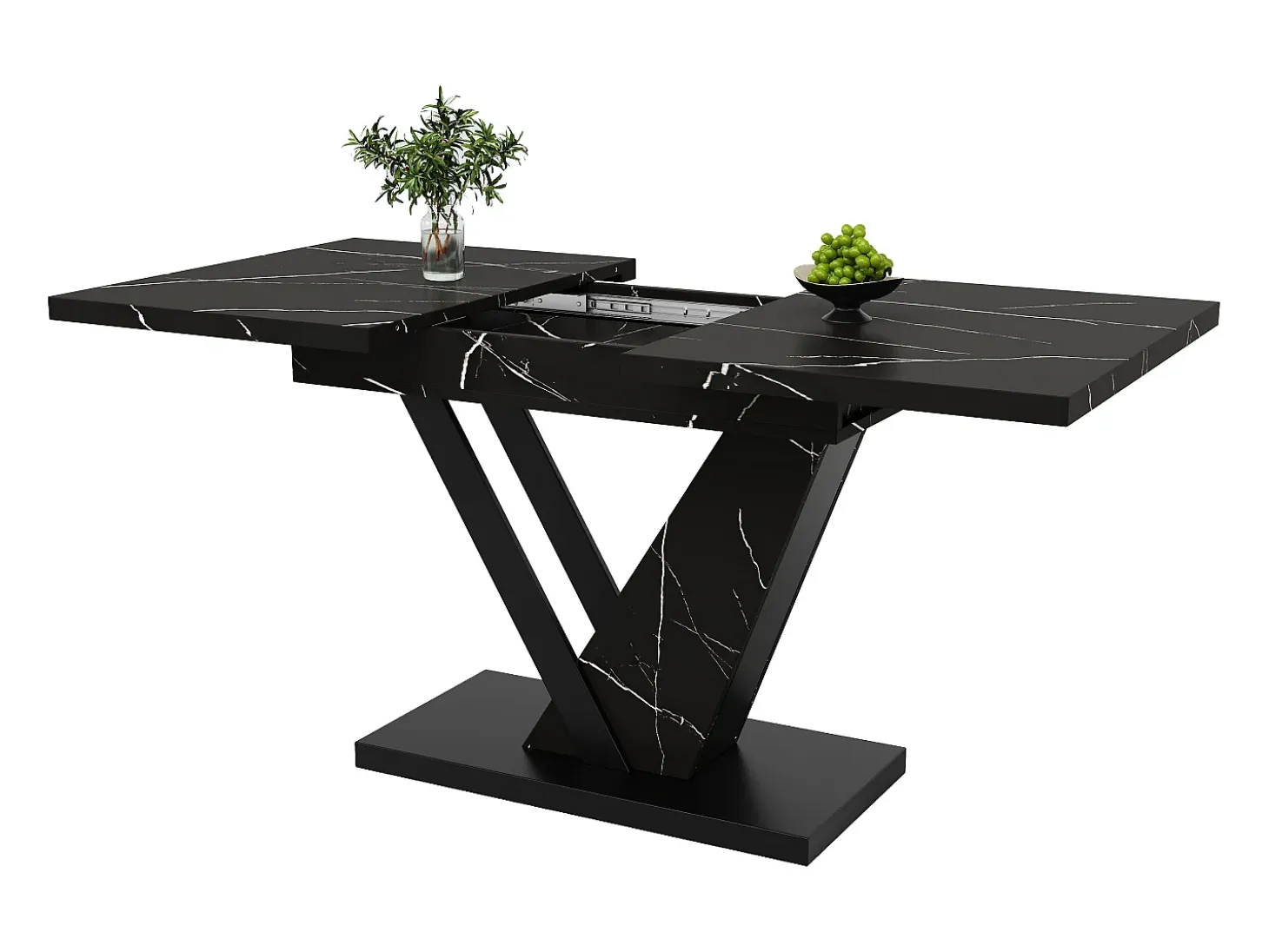 Mesa de comedor telescópica, extensible 120-160x75x75,5 cm, MDF jaspeado negro, patas de metal, mesa ajustable (120-160x75x75,5 cm)