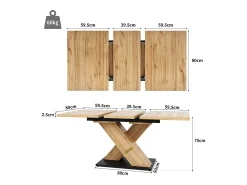 Mesa de comedor telescópica extensible (119-158,5x80 cm), con insertos interiores, para cocina y comedor, en MDF, color madera natural