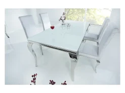 Mesa de comedor VELENA – Acero plateado y vidrio opalino – 180 cm – Estilo barroco moderno