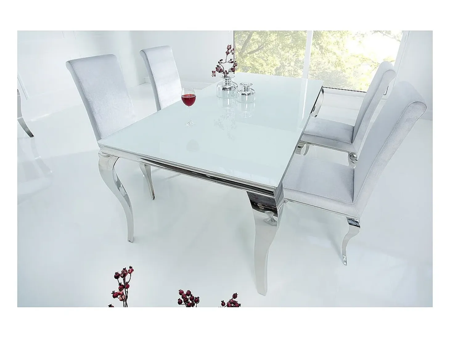 Mesa de comedor VELENA – Acero plateado y vidrio opalino – 180 cm – Estilo barroco moderno