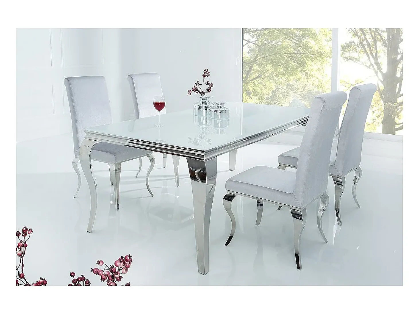Mesa de comedor VELENA – Acero plateado y vidrio opalino – 180 cm – Estilo barroco moderno