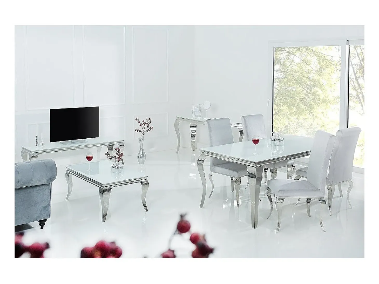 Mesa de comedor VELENA – Acero plateado y vidrio opalino – 180 cm – Estilo barroco moderno