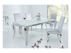 Mesa de comedor VELENA – Acero plateado y vidrio opalino – 180 cm – Estilo barroco moderno