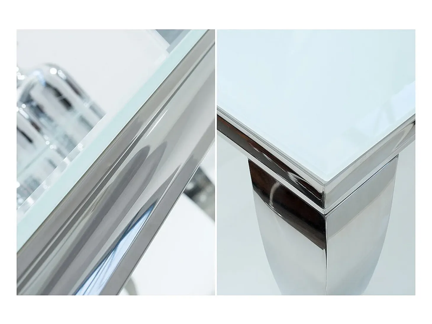 Mesa de comedor VELENA – Acero plateado y vidrio opalino – 180 cm – Estilo barroco moderno
