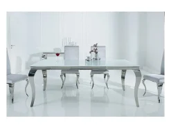 Mesa de comedor VELENA – Acero plateado y vidrio opalino – 180 cm – Estilo barroco moderno