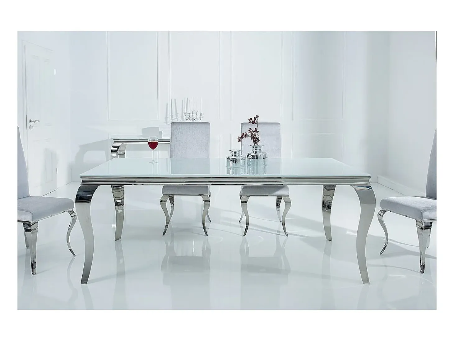 Mesa de comedor VELENA – Acero plateado y vidrio opalino – 180 cm – Estilo barroco moderno
