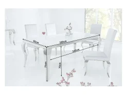 Mesa de comedor VELENA – Acero plateado y vidrio opalino – 180 cm – Estilo barroco moderno