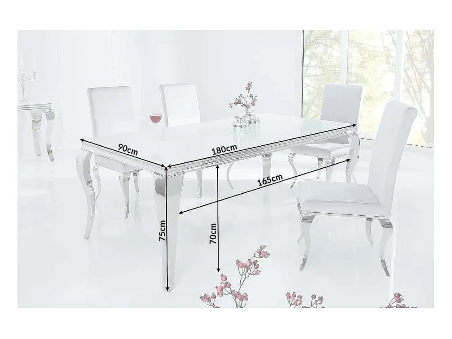 Mesa de comedor VELENA – Acero plateado y vidrio opalino – 180 cm – Estilo barroco moderno