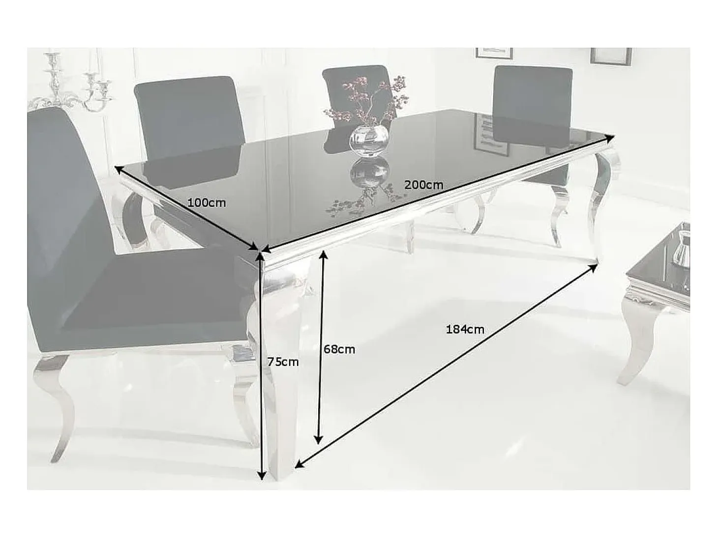 Mesa de comedor VELENA – Acero pulido y vidrio negro – 200 cm – Estilo barroco moderno