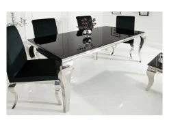 Mesa de comedor VELENA – Acero pulido y vidrio negro – 200 cm – Estilo barroco moderno