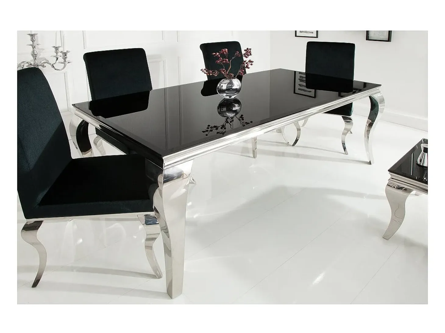 Mesa de comedor VELENA – Acero pulido y vidrio negro – 200 cm – Estilo barroco moderno