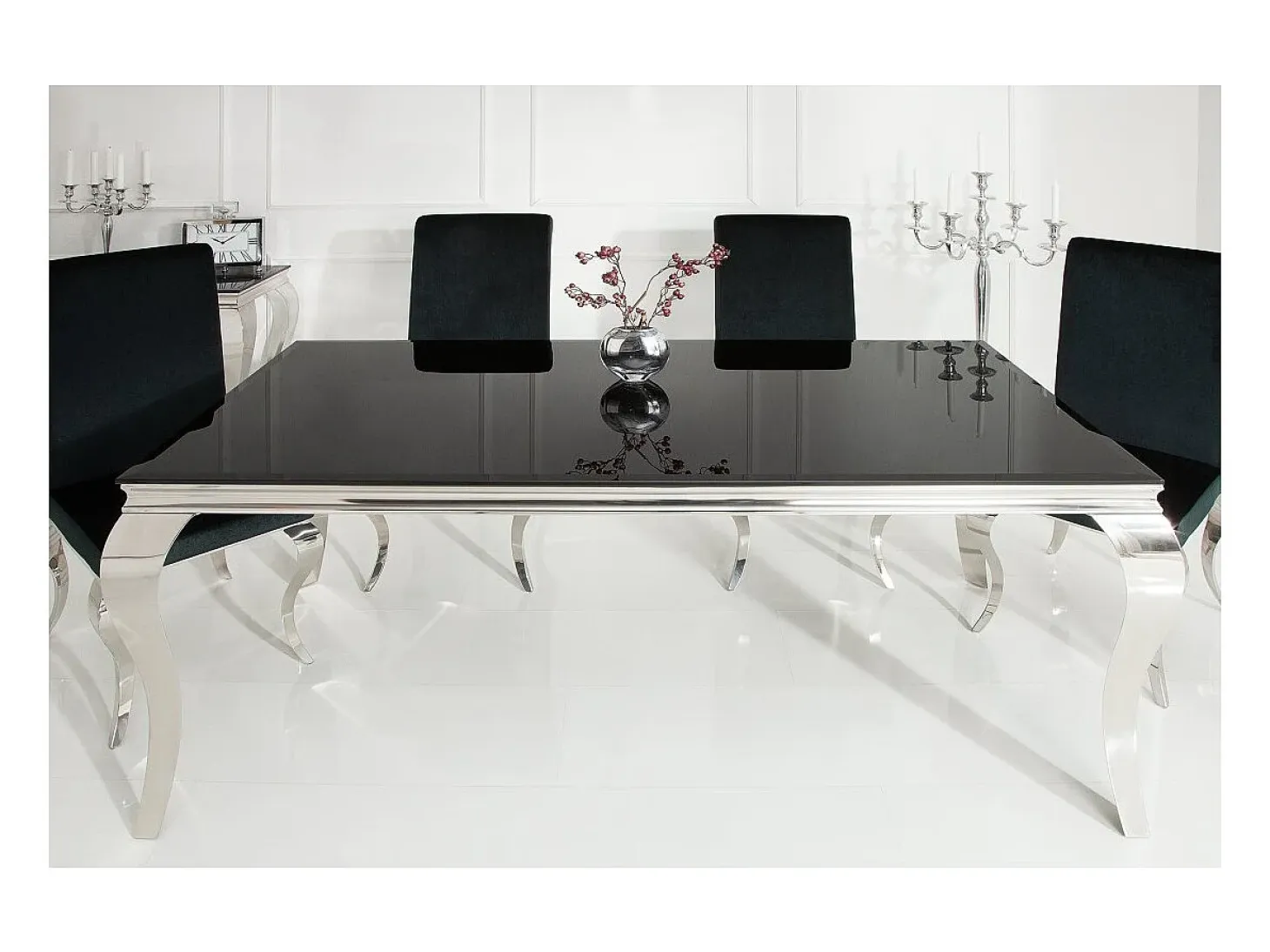 Mesa de comedor VELENA – Acero pulido y vidrio negro – 200 cm – Estilo barroco moderno