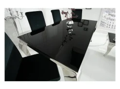 Mesa de comedor VELENA – Acero pulido y vidrio negro – 200 cm – Estilo barroco moderno