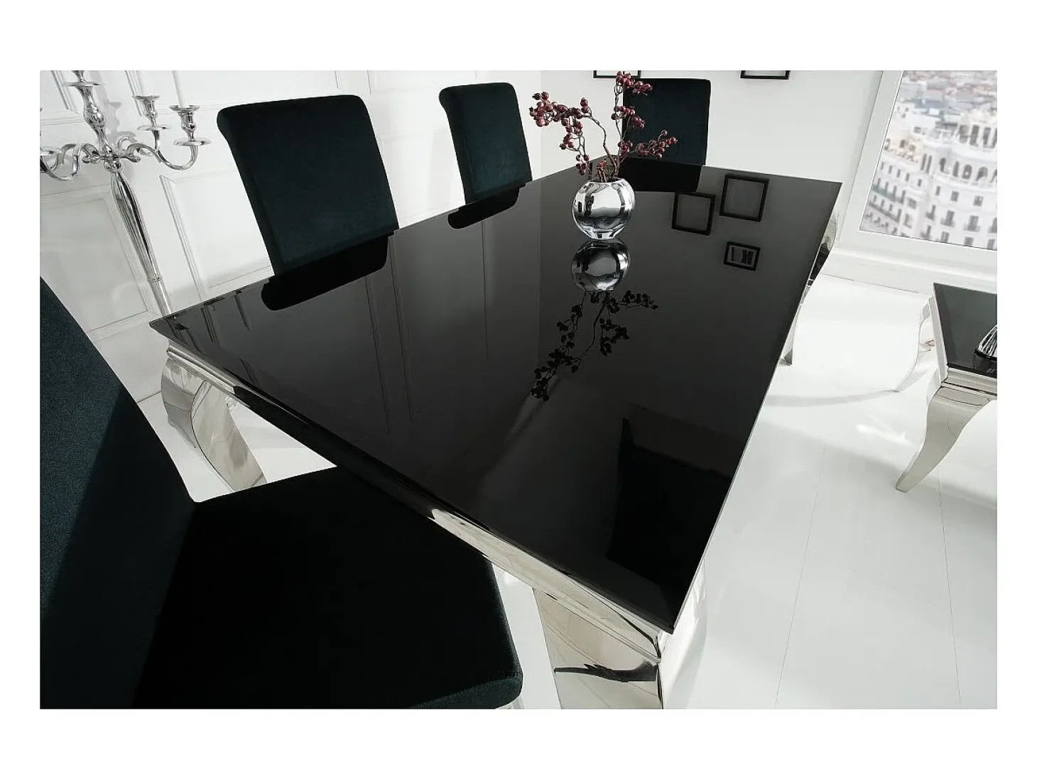 Mesa de comedor VELENA – Acero pulido y vidrio negro – 200 cm – Estilo barroco moderno