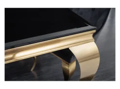 Mesa de comedor VELENA 180 cm – Tablero de vidrio negro y estructura de acero dorado – Elegancia barroca y diseño moderno