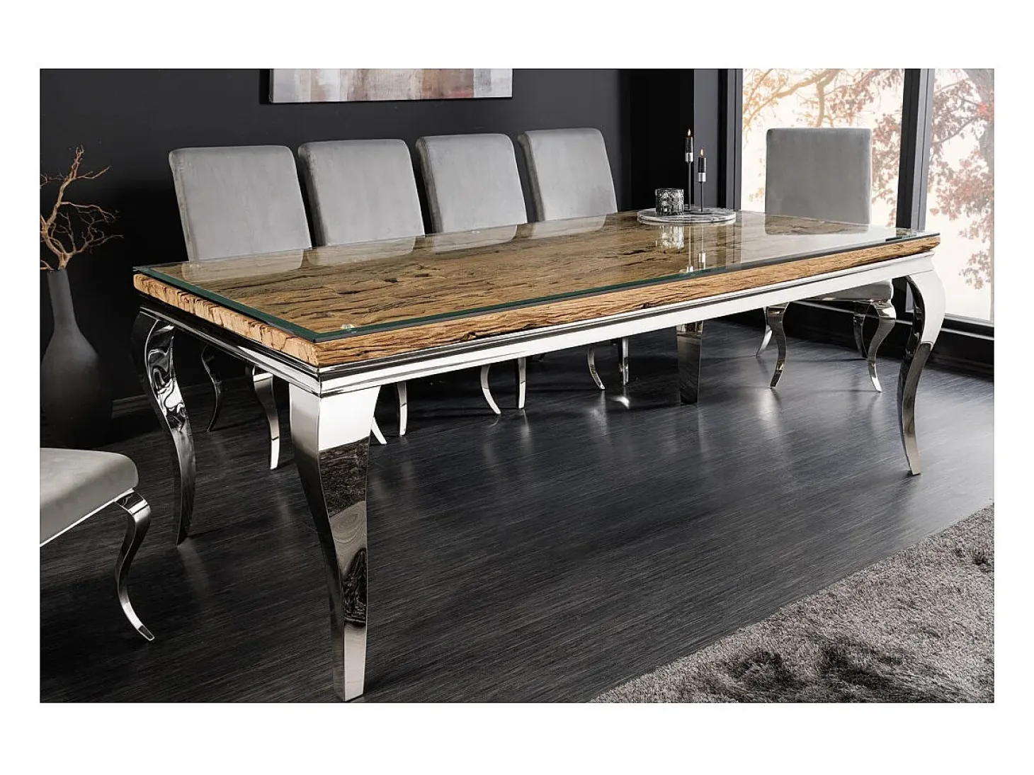Mesa de comedor VELENA – Rectangular 200 cm – Madera de teca, vidrio y acero plateado – Estilo barroco chic