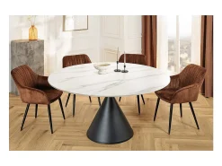 Mesa de comedor VOLTIS – Redonda diámetro 135 cm – Tablero cerámico efecto mármol blanco – Patas de metal – Estilo chic