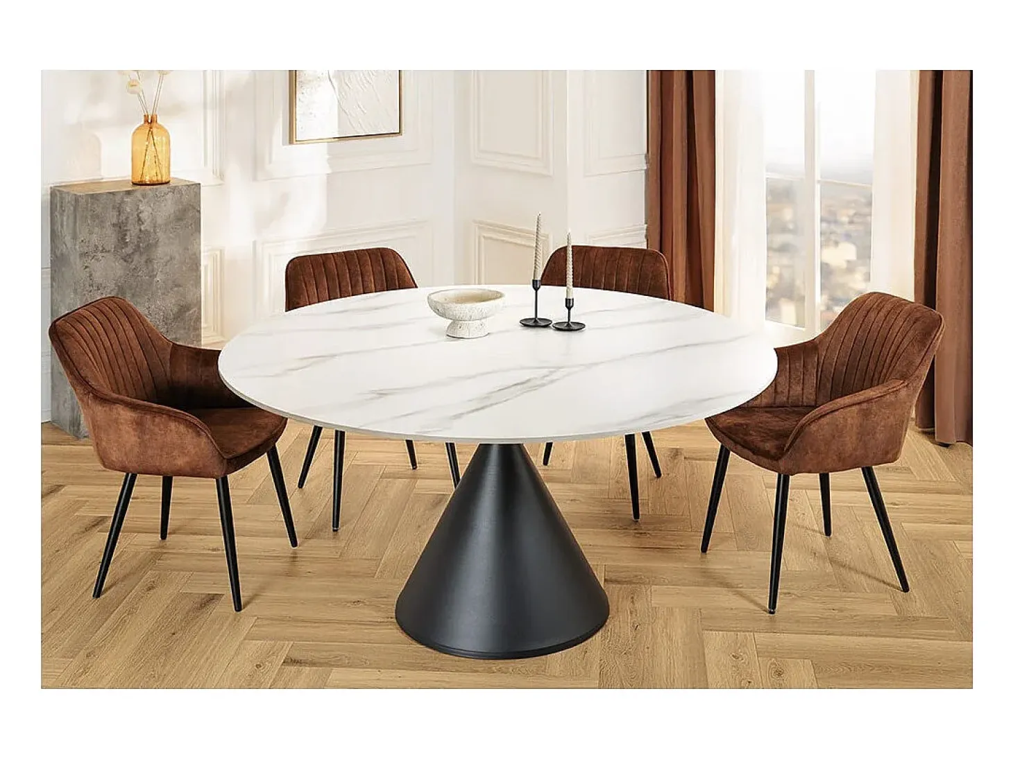 Mesa de comedor VOLTIS – Redonda diámetro 135 cm – Tablero cerámico efecto mármol blanco – Patas de metal – Estilo chic