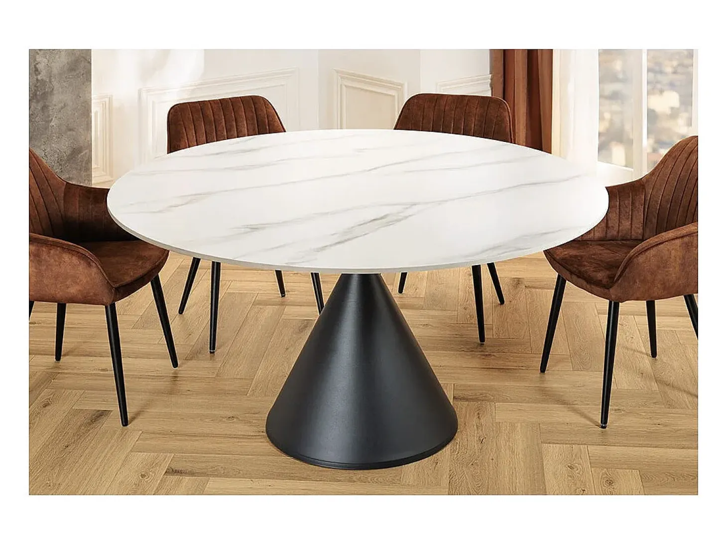 Mesa de comedor VOLTIS – Redonda diámetro 135 cm – Tablero cerámico efecto mármol blanco – Patas de metal – Estilo chic